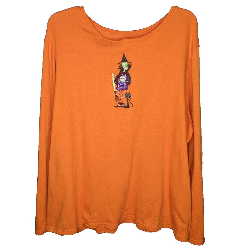 Halloween Top LS Tshirt Witch Embroidered 100% Cotton READ